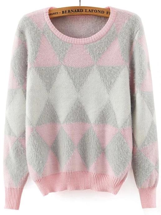 Romwe Color-block Geometric Print Fuzzy Jumper