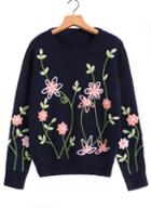 Romwe Embroidered Loose Knit Royal Blue Sweater