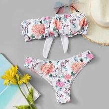 Romwe Random Floral Ruched Bandeau With Cheeky Bikini