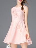 Romwe Pink Beading Embroidered Hollow Dress