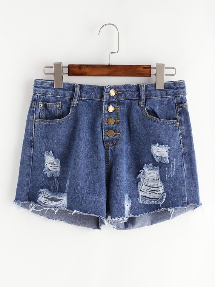 Romwe Blue Ripped Single Breasted Raw Hem Denim Shorts