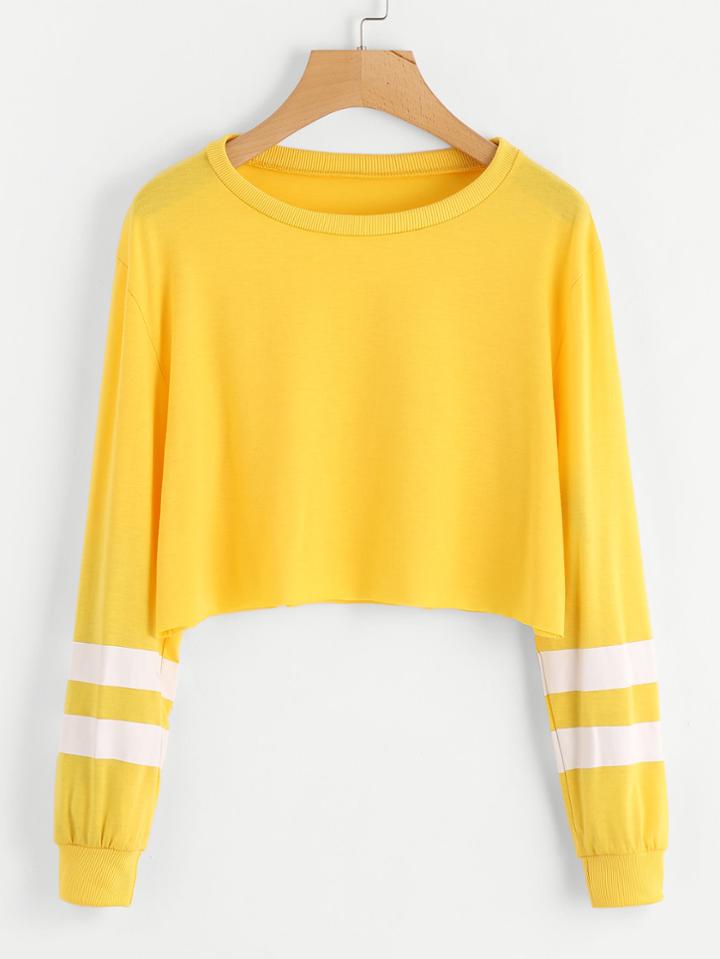 Romwe Varsity Striped Sleeve Crop Sweatshirt
