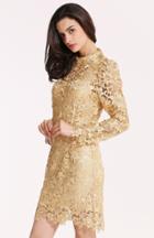 Romwe Champagne Long Sleeve Crochet Lace Dress