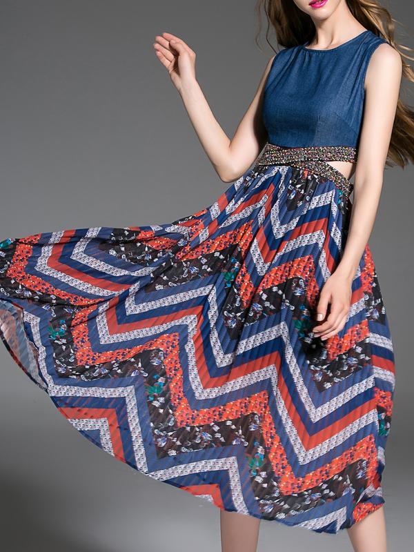 Romwe Blue Beading Cut Out Print Combo Dress