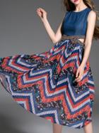 Romwe Blue Beading Cut Out Print Combo Dress