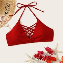 Romwe Lattice Halter Bikini Top