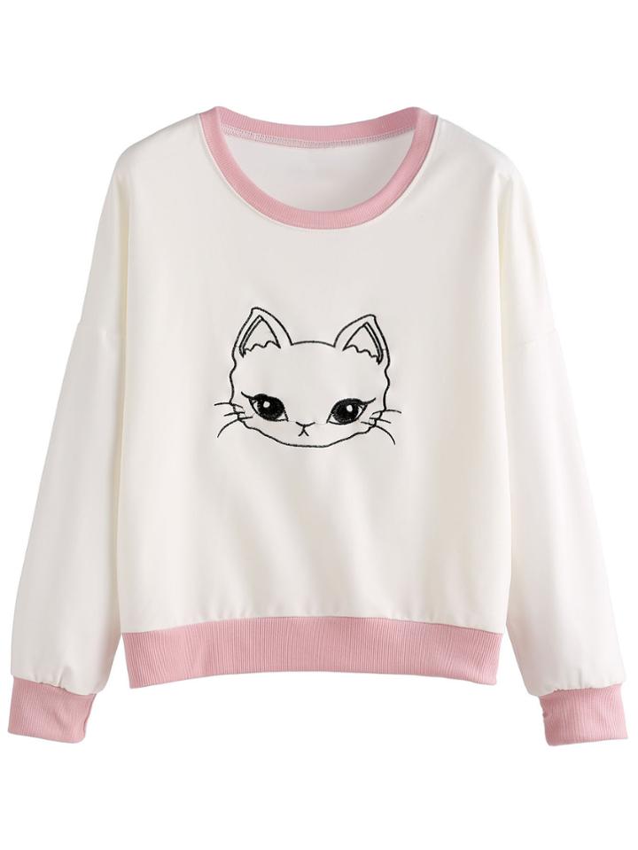Romwe Contrast Trim Cat Embroidered Sweatshirt