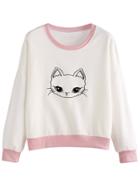 Romwe Contrast Trim Cat Embroidered Sweatshirt