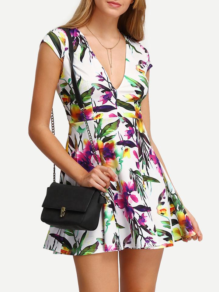 Romwe Floral Print In White Deep V Neck Skater Dress