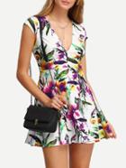 Romwe Floral Print In White Deep V Neck Skater Dress