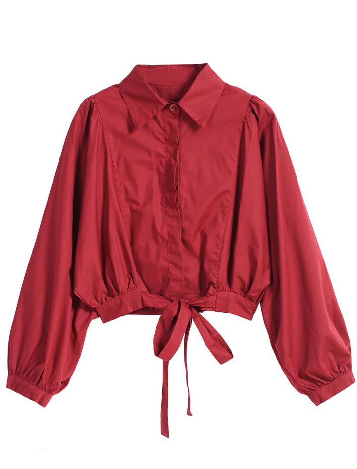 Romwe Lapel Loose Crop Wine Red Blouse