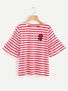 Romwe Embroidered Rose Applique Trumpet Sleeve Striped Tee