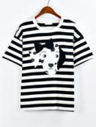 Romwe Contrast Neck Dog Print Striped T-shirt