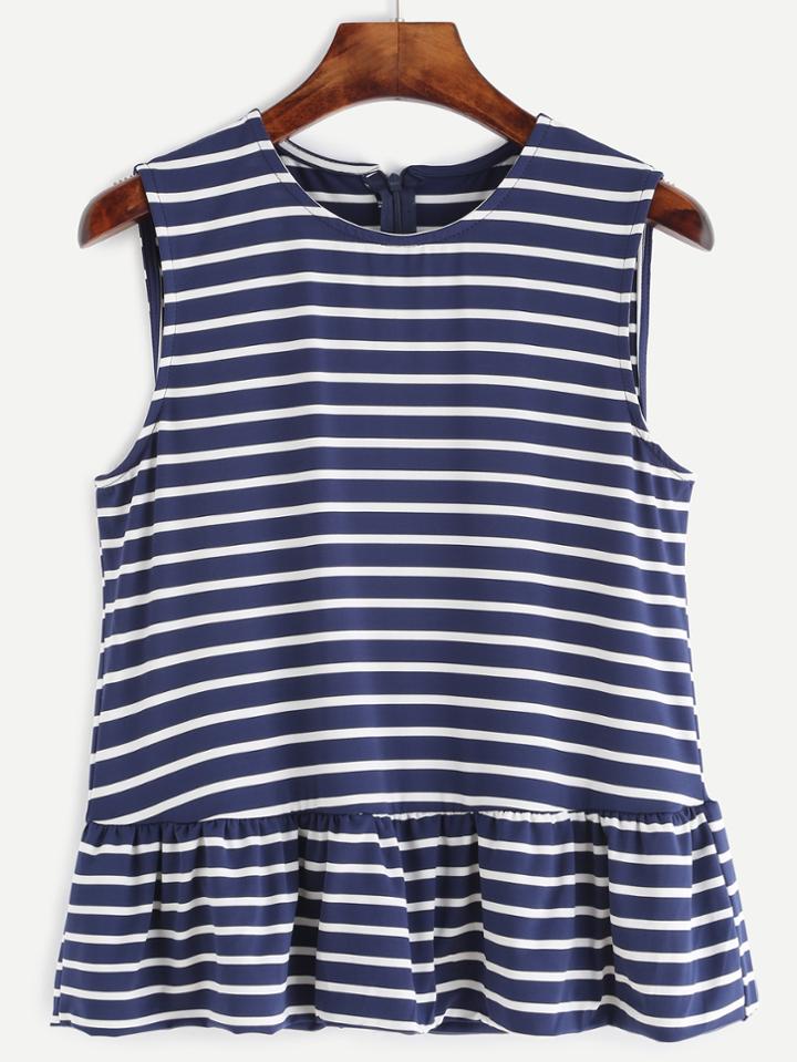 Romwe Navy Striped Peplum Top