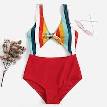 Romwe Striped Color-block Cut-out One Piece Swimsuit