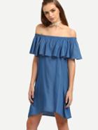 Romwe Blue Ruffle Off The Shoulder Asymmetrical Shift Dress