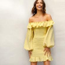 Romwe Ruffle Off The Shoulder Bishop Sleeve Smocked Dress