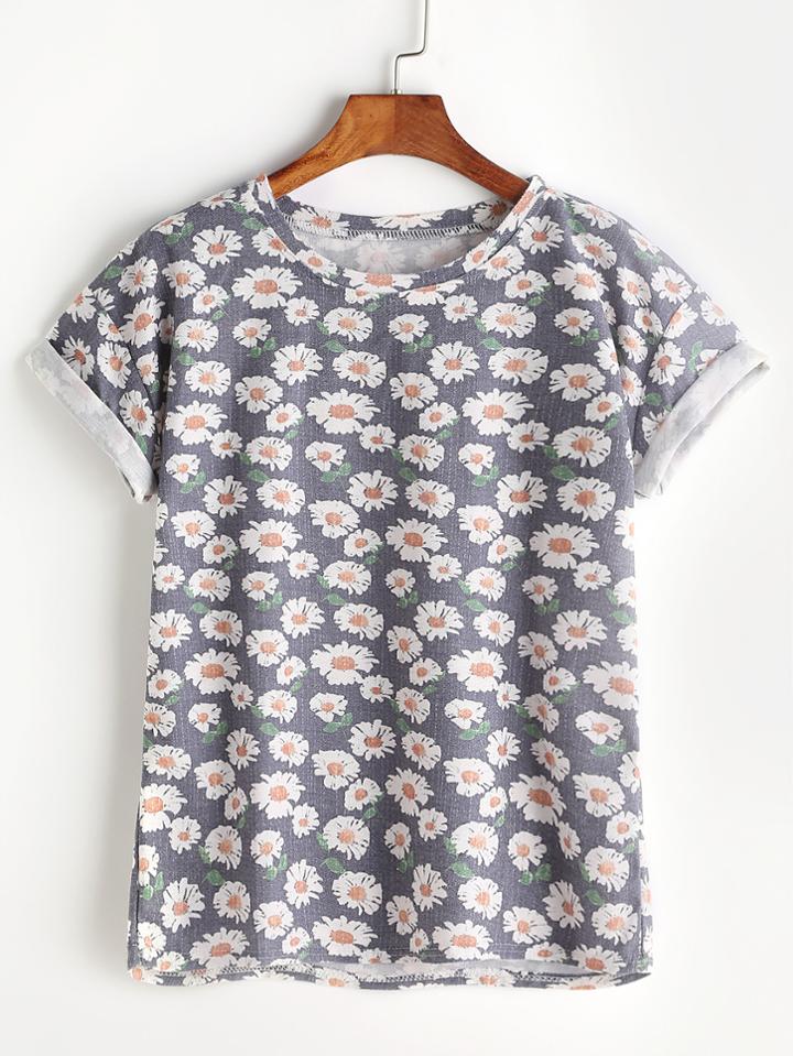 Romwe Ditsy Print Cuffed T-shirt