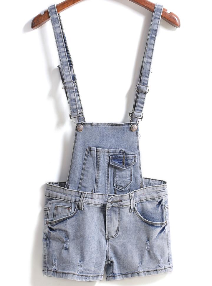 Romwe Strap Bleached Ripped Denim Jumpsuit