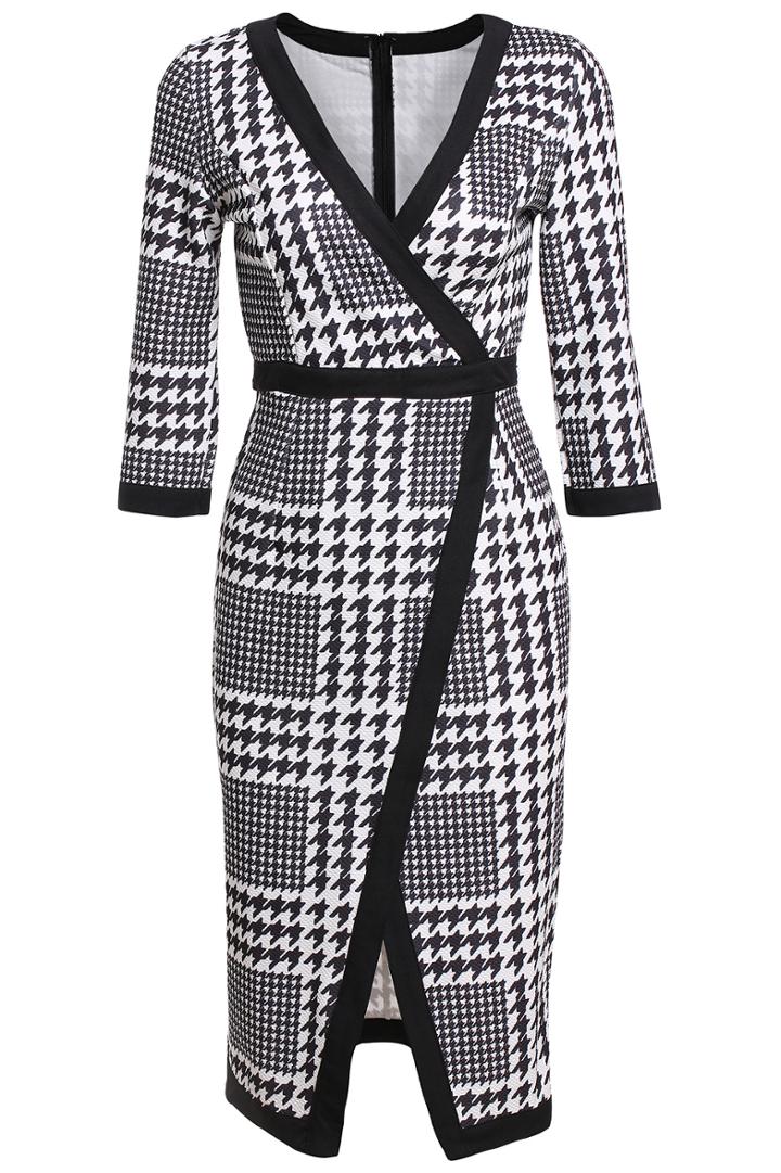 Romwe V Neck Houndstooth Split Dress