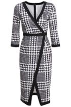 Romwe V Neck Houndstooth Split Dress