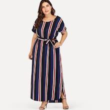 Romwe Plus Tie Waist Striped Dress