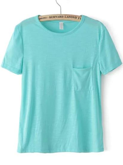 Romwe Turquoise Short Sleeve Pocket Loose T-shirt