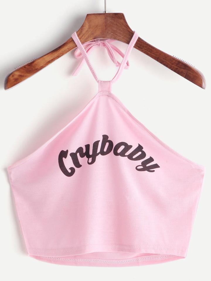 Romwe Letter Print Halter Crop Top