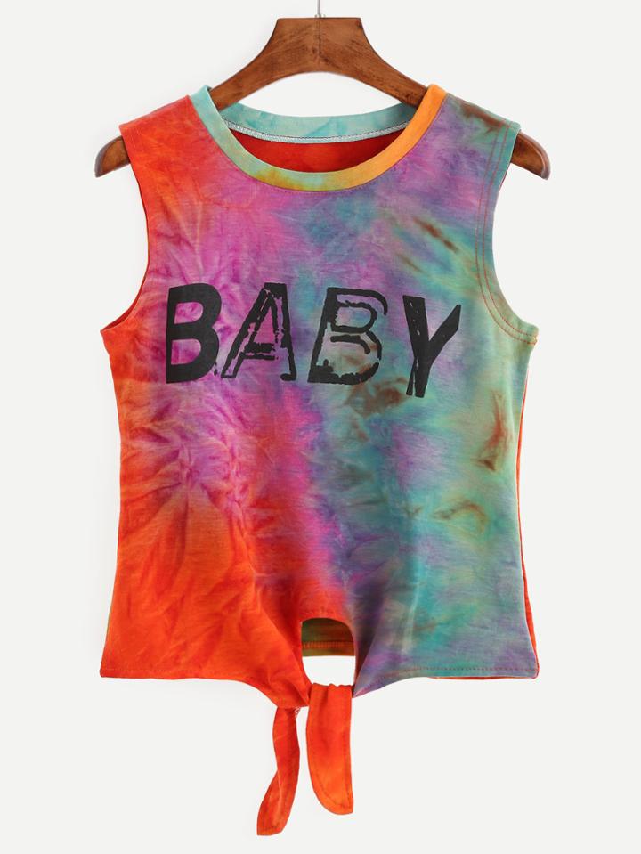 Romwe Multicolor Tie Dye Print Tie Front Top