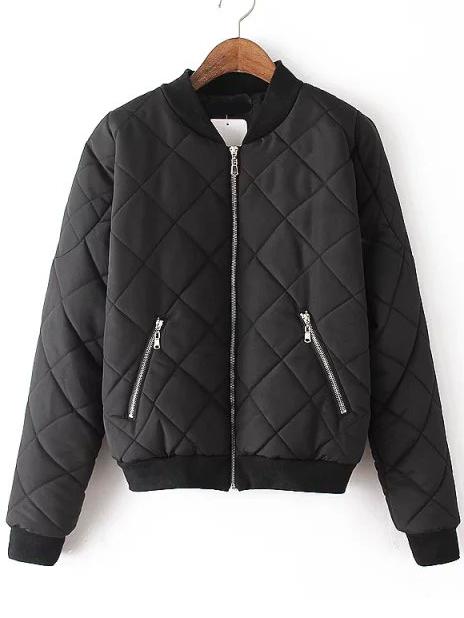 Romwe Women Diamond Zipper Black Jacket