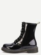 Romwe Black Patent Leather Lace Up Rubber Sole Martin Boots