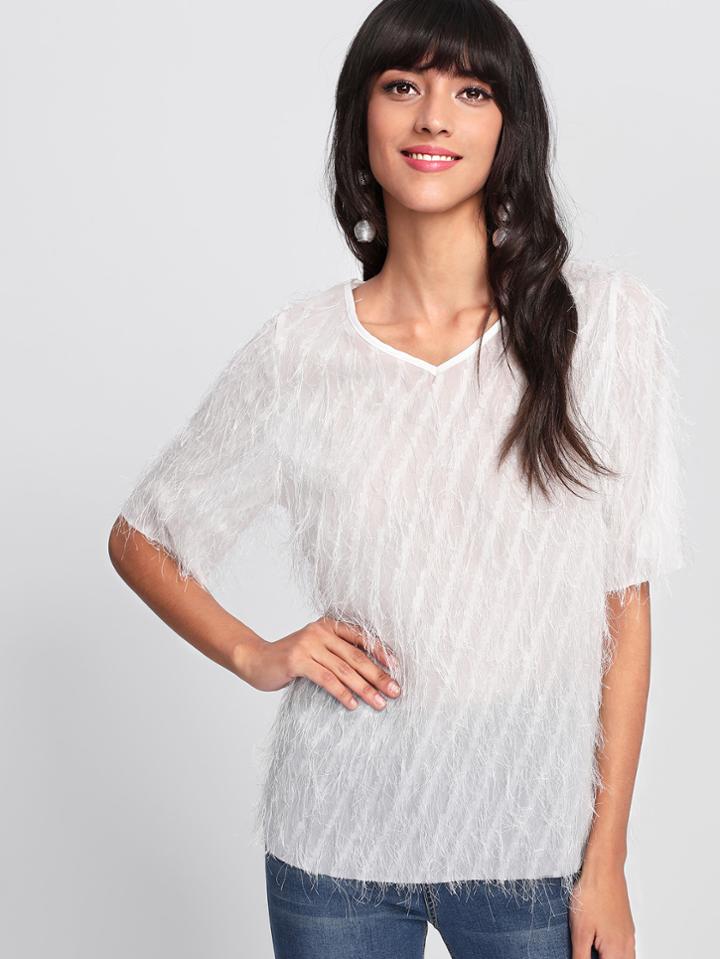 Romwe Faux Feather Solid Top