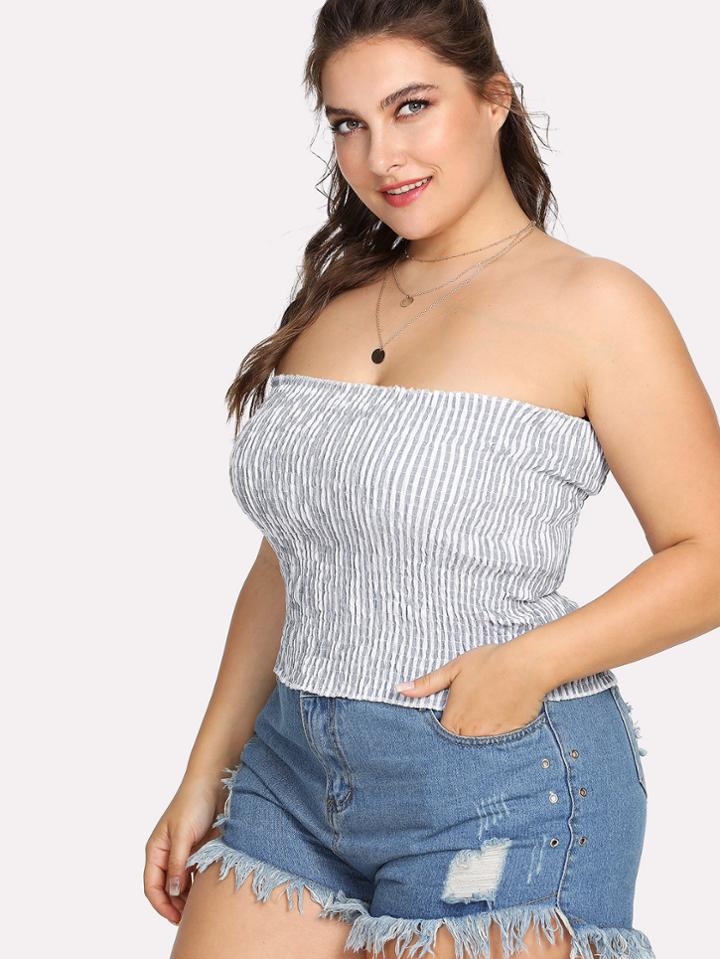 Romwe Striped Pleated Tube Top