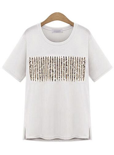 Romwe With Sequined Side Split White T-shirt