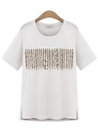 Romwe With Sequined Side Split White T-shirt