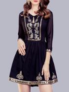 Romwe Navy Hollow Embroidered Beading Dress