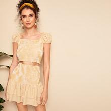 Romwe Frill Trim Shirred Top & Layered Ruffle Skirt Set