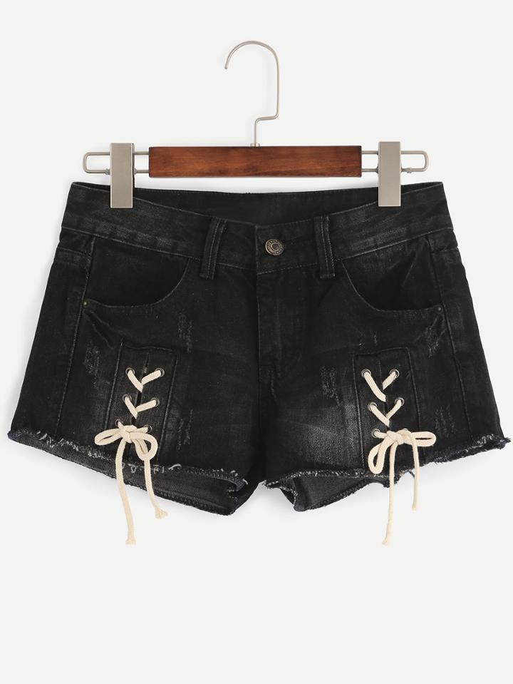 Romwe Black Lace-up Raw Hem Denim Shorts