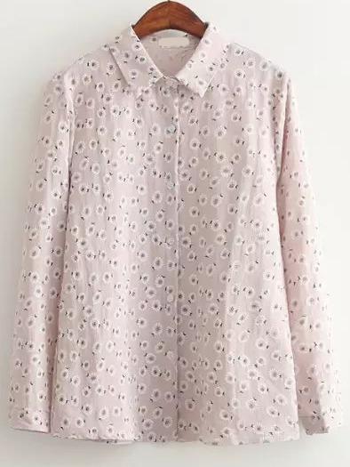 Romwe Lapel Flowers Print Buttons Khaki Blouse