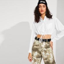 Romwe Drawstring Hem Pocket Front Crop Shirt
