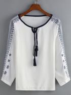 Romwe Long Sleeve Embroidered Self-tie Blouse