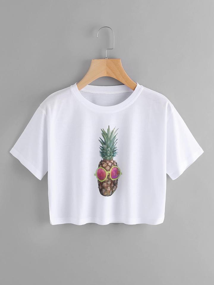 Romwe Pineapple Glasses Print Tee