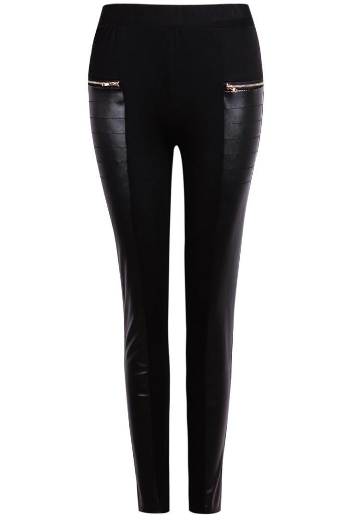 Romwe Contrast Pu Leather Zipper Pant