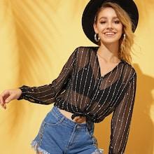 Romwe Knot Hem Sheer Blouse
