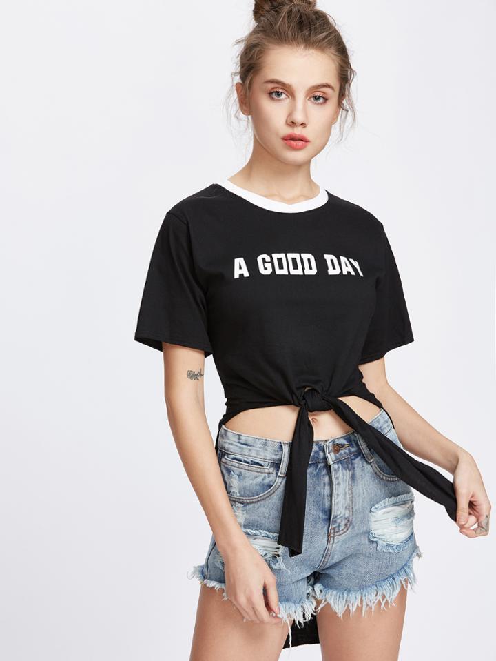 Romwe Black Letter Print Knotted High Low T-shirt