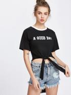 Romwe Black Letter Print Knotted High Low T-shirt