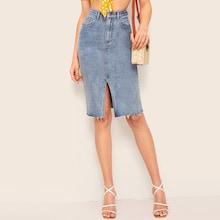 Romwe Bleach Wash Slit Hem Bodycon Denim Skirt