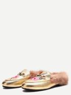 Romwe Gold Rose Embroidered Fur Trim Loafer Slippers