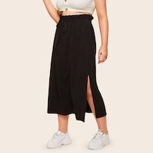 Romwe Plus Ruffle Drawstring Waist Split Skirt
