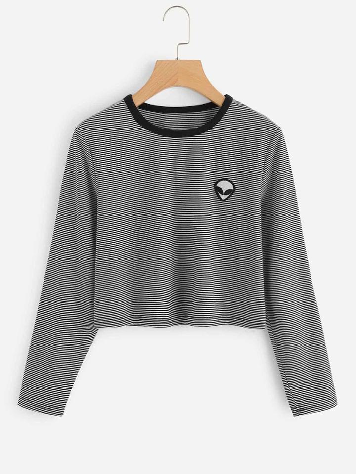 Romwe Alien Embroidered Patch Striped Tee